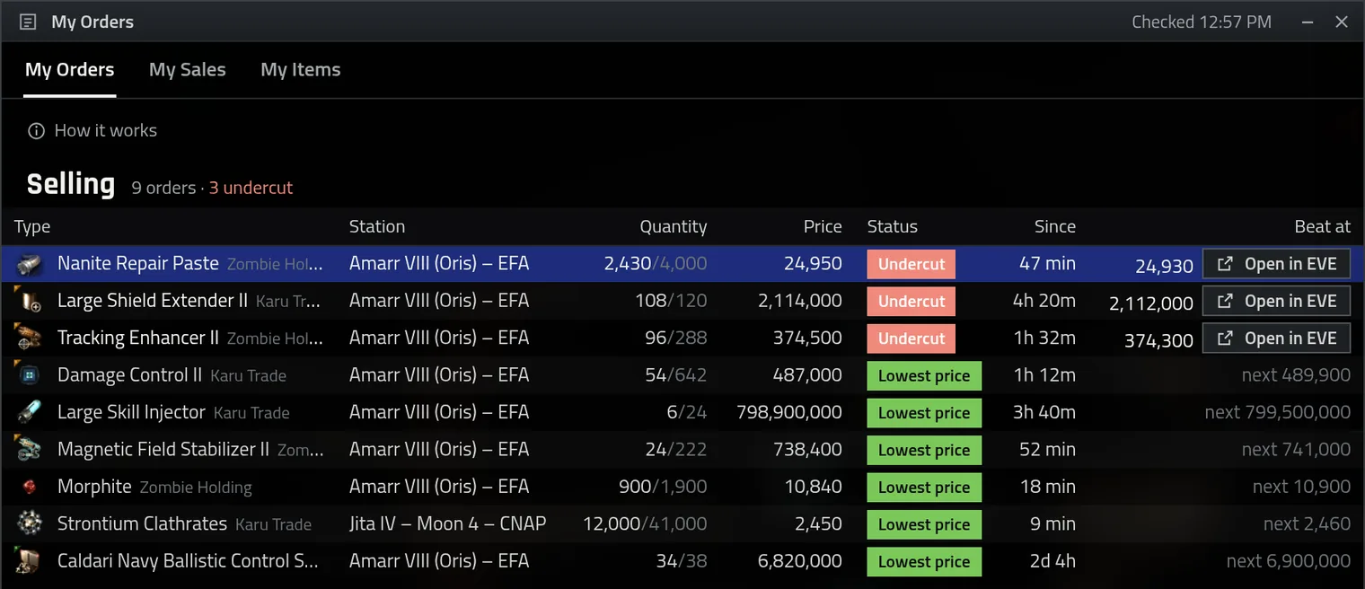 My orders: which sell orders are undercut